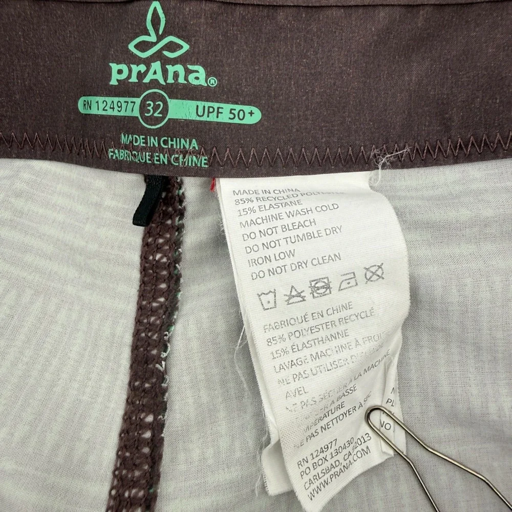 Prana Mens Board Shorts Size 32 Green Brown Arrow Print Swim Trunks UPF 50+